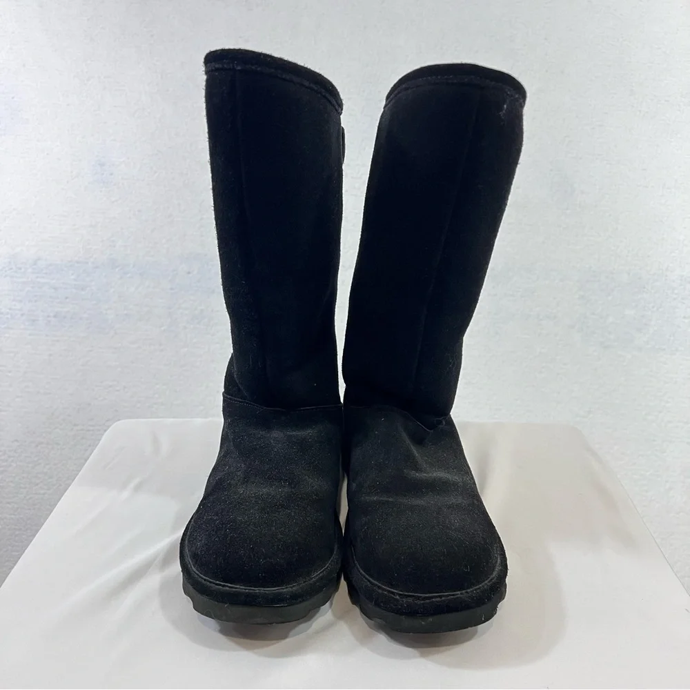 Bearpaw Boots Womens 9 Black Mid Calf Suede Faux Fur Trim Pull On Lace Up - Picture 2 of 10
